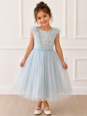 Tutu du Monde Light Blue Tulle Pearl-Trim Girls' Party Dress.